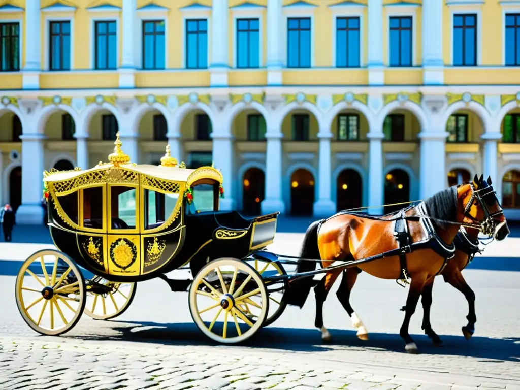 Un carruaje Fiaker vienés con adornos dorados, tirado por caballos y recorriendo las calles históricas de Viena