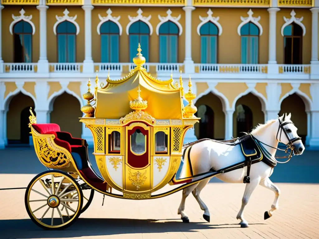 Carruaje de la realeza del siglo XVIII, adornado con detalles en oro, tirado por majestuosos caballos blancos frente a un palacio