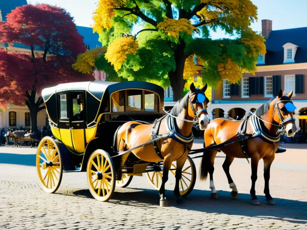 Varios carruajes históricos bellamente restaurados estacionados en una plaza histórica, con hojas de otoño coloridas como fondo