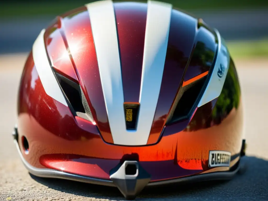 Un casco de ciclista desgastado, en tono rojo desvaído con rayas blancas, muestra la importancia del casco de ciclista a lo largo del tiempo