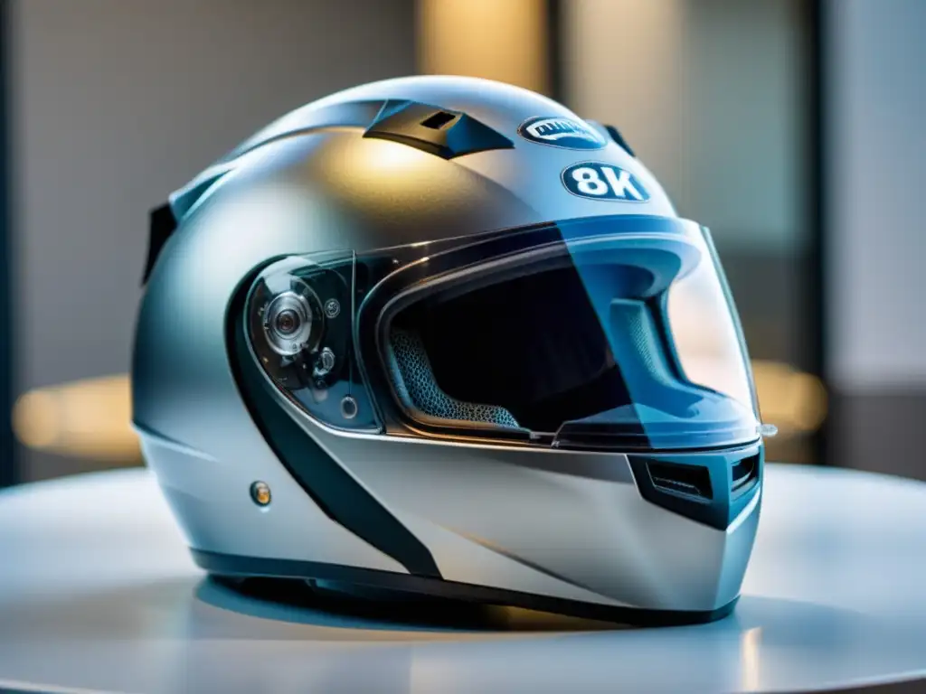 Un casco de moto cortado a la mitad muestra los avances en seguridad y tecnología, resaltando materiales innovadores y sistemas de protección