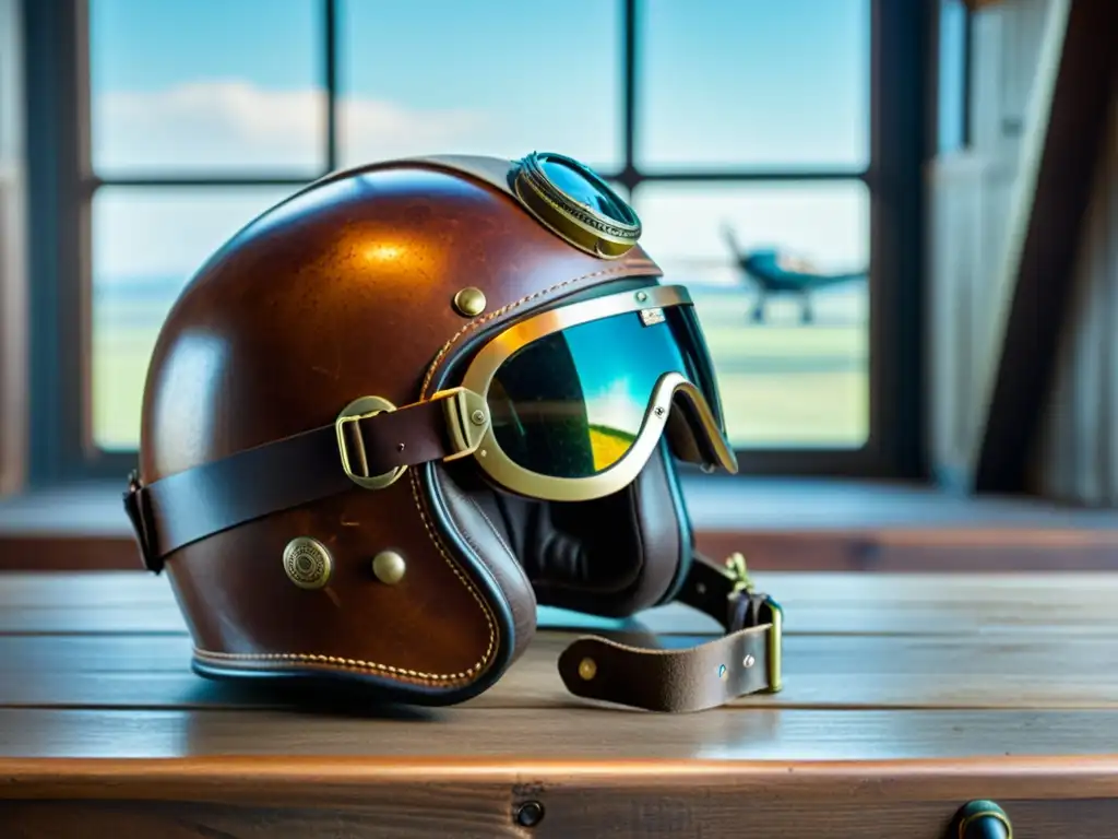 Un casco de piloto de cuero vintage descansa sobre una mesa de madera desgastada, con gafas de aviador sobre él, reflejando el hangar y un avión