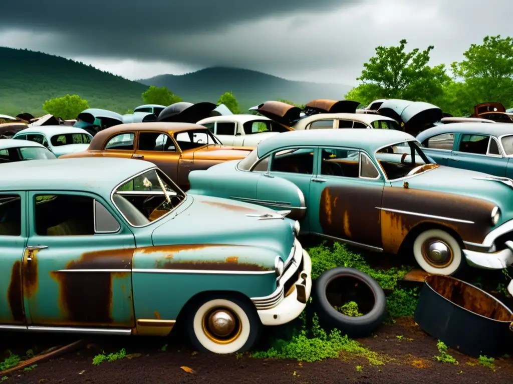 Un cementerio de automóviles histórico con vehículos oxidados bajo un cielo nublado, evocando los beneficios del reciclaje en vehículos