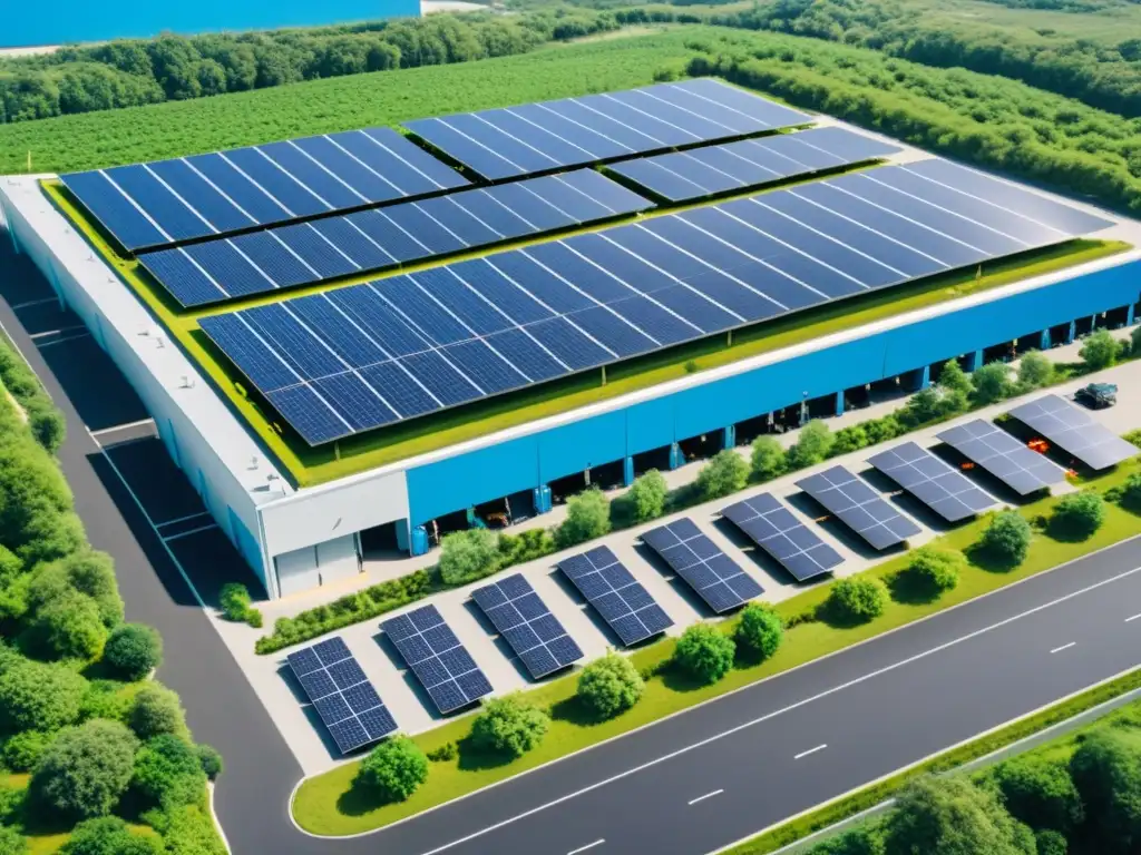 Un centro de distribución expansivo con paneles solares en el techo, camiones eléctricos listos para cargar y trabajadores clasificando paquetes en un entorno de exuberante vegetación y cielos azules