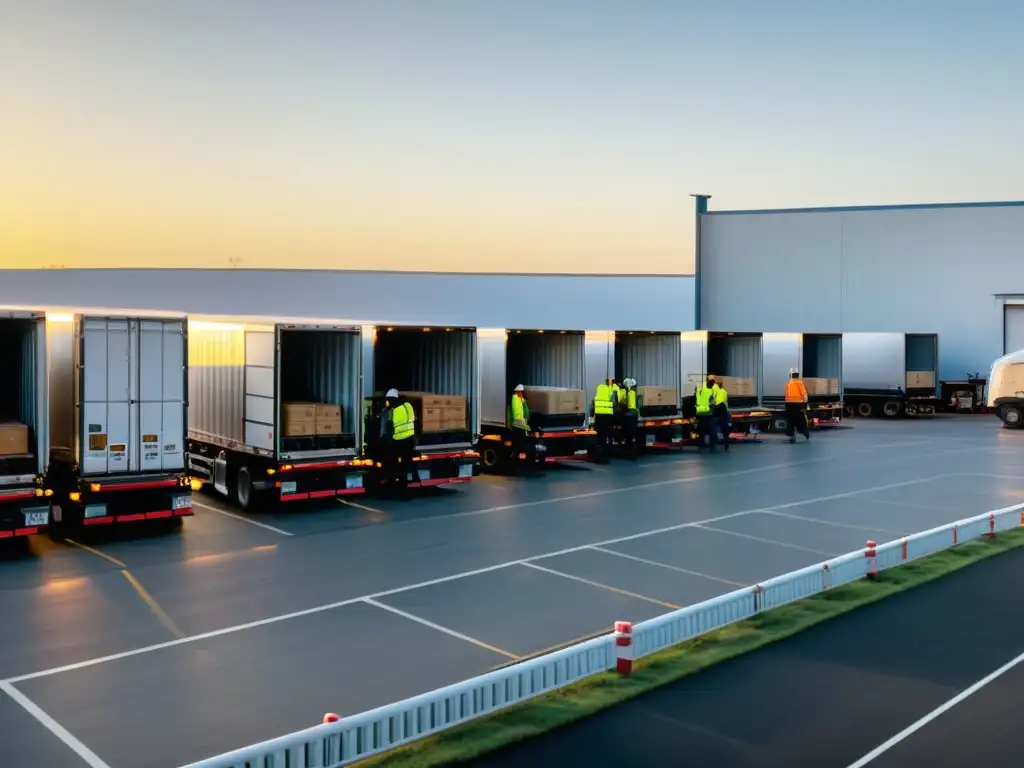 Centro logístico activo con transporte frío, trabajadores cargando mercancía y almacenamiento refrigerado lleno de productos frescos, reflejando las tendencias emergentes en logística de transporte frío