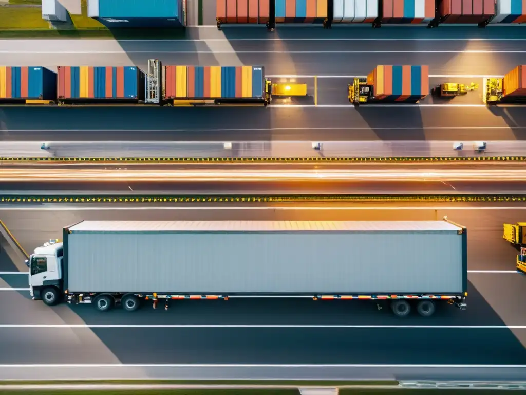 Un centro logístico bullicioso al atardecer, con contenedores, montacargas y trabajadores