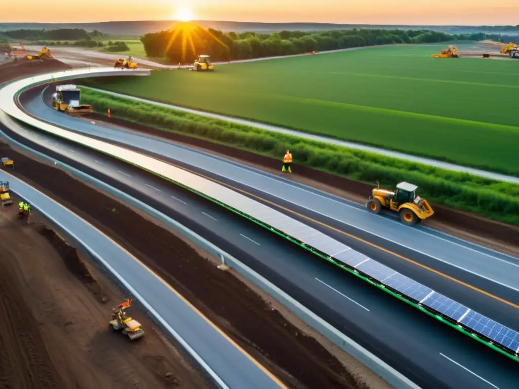 Certificaciones LEED en infraestructura vial: Una obra en progreso, máquinas, paneles solares y vehículos, todo bajo un cálido atardecer