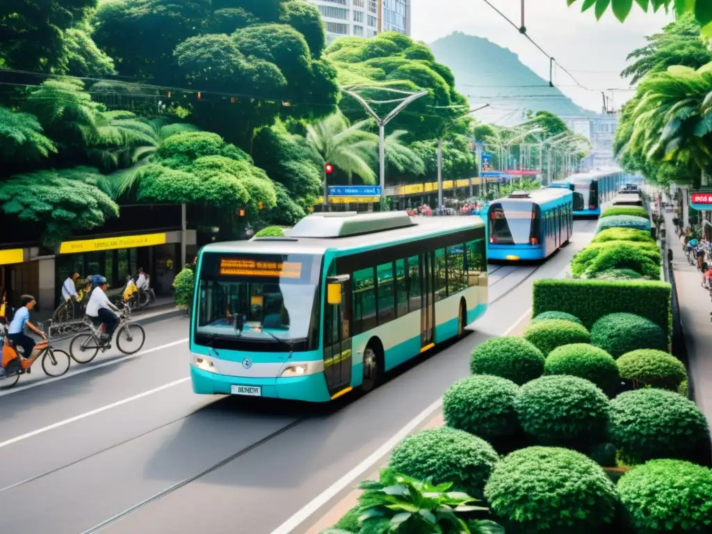 Certificaciones sostenibilidad transporte público: Escena urbana sostenible con variedad de transporte y vegetación exuberante