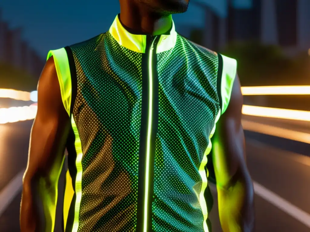 Un chaleco reflectante de alta tecnología usado por un ciclista en la ciudad, resaltando su evolución y seguridad en la vía