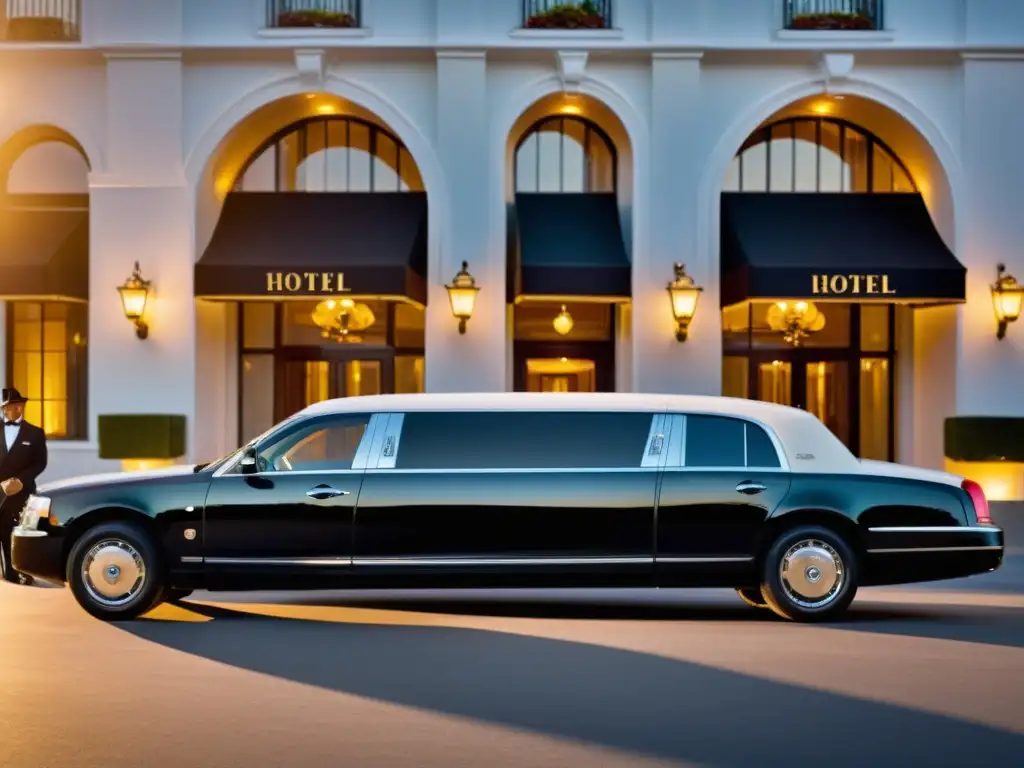 Un chauffeur uniformado abre la puerta de una lujosa limusina frente a un hotel elegante al atardecer