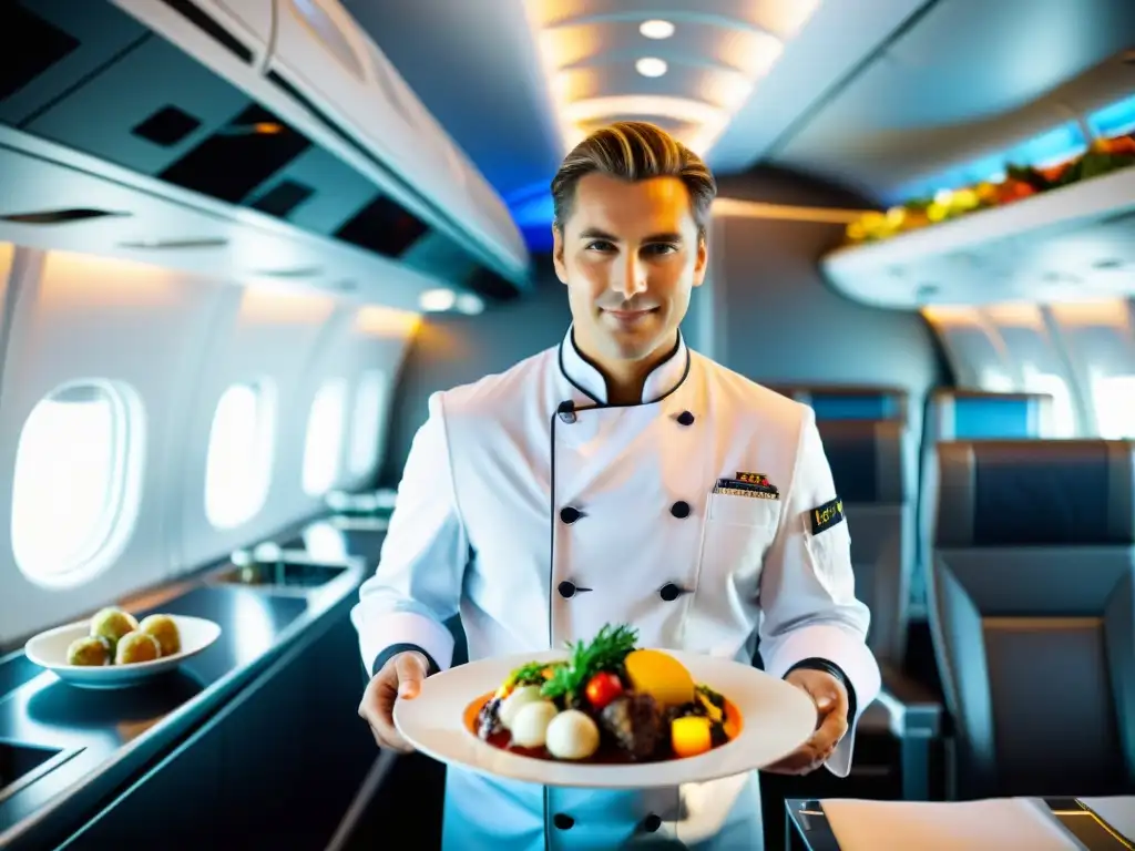 Un chef en una cocina de avión moderna presenta un platillo gourmet, destacando el impacto del transporte aéreo en gastronomía