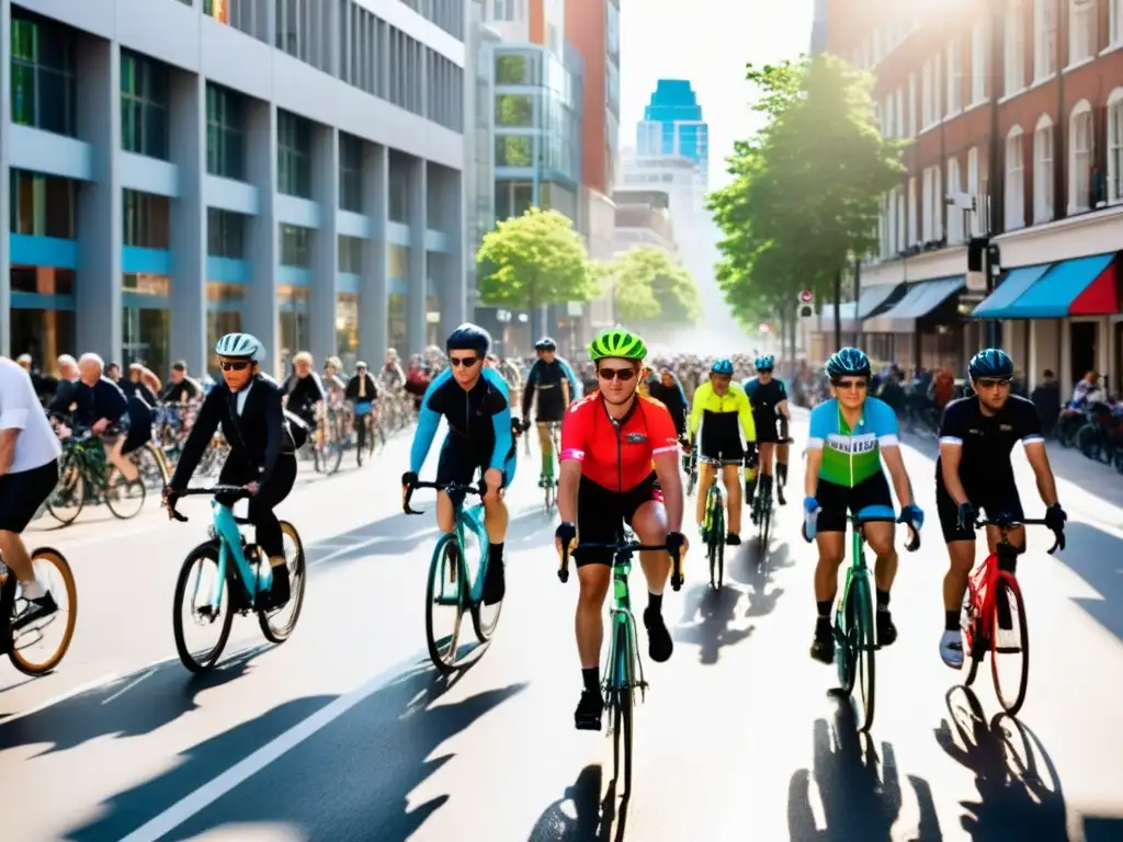 Ciclismo urbano: diversidad y energía en la ciudad, reflejando sus beneficios sociales y culturales