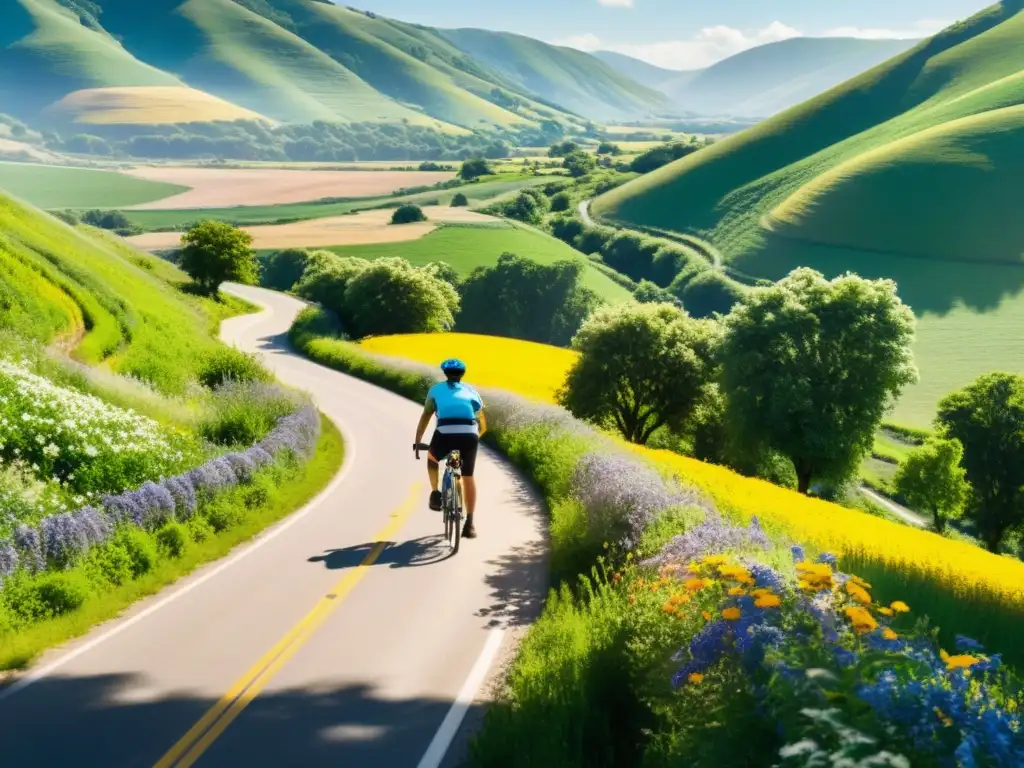 Un ciclista recorre una carretera rural en un valle verde, rodeado de flores silvestres y colinas