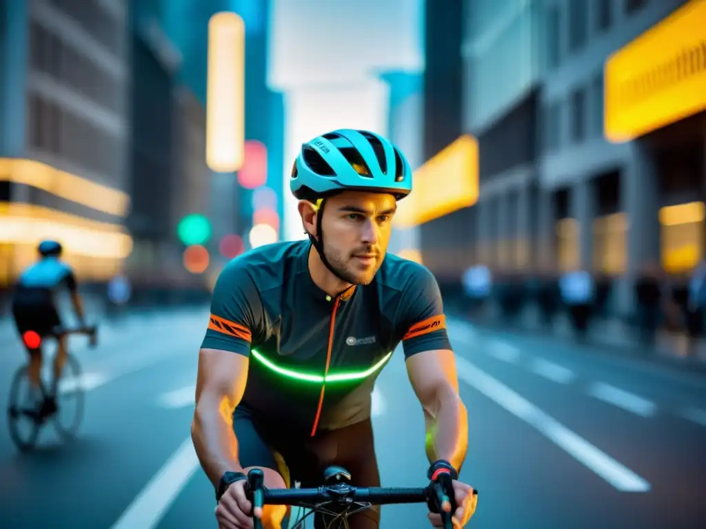 Un ciclista con casco inteligente y tecnología avanzada, circulando por una ciudad