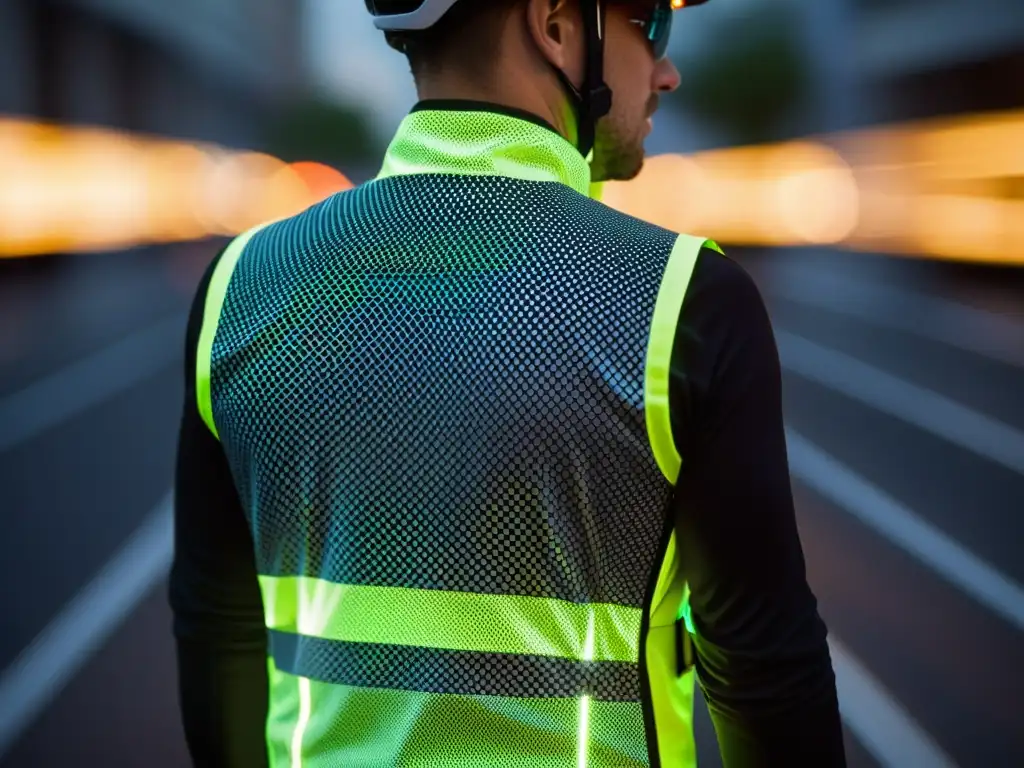 Un ciclista usando un chaleco reflectante con tecnología avanzada, brillando en ambiente urbano