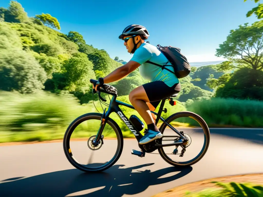 Un ciclista con diversidad funcional pedalea una bicicleta adaptada bajo el sol brillante, destacando las intrincadas características adaptativas