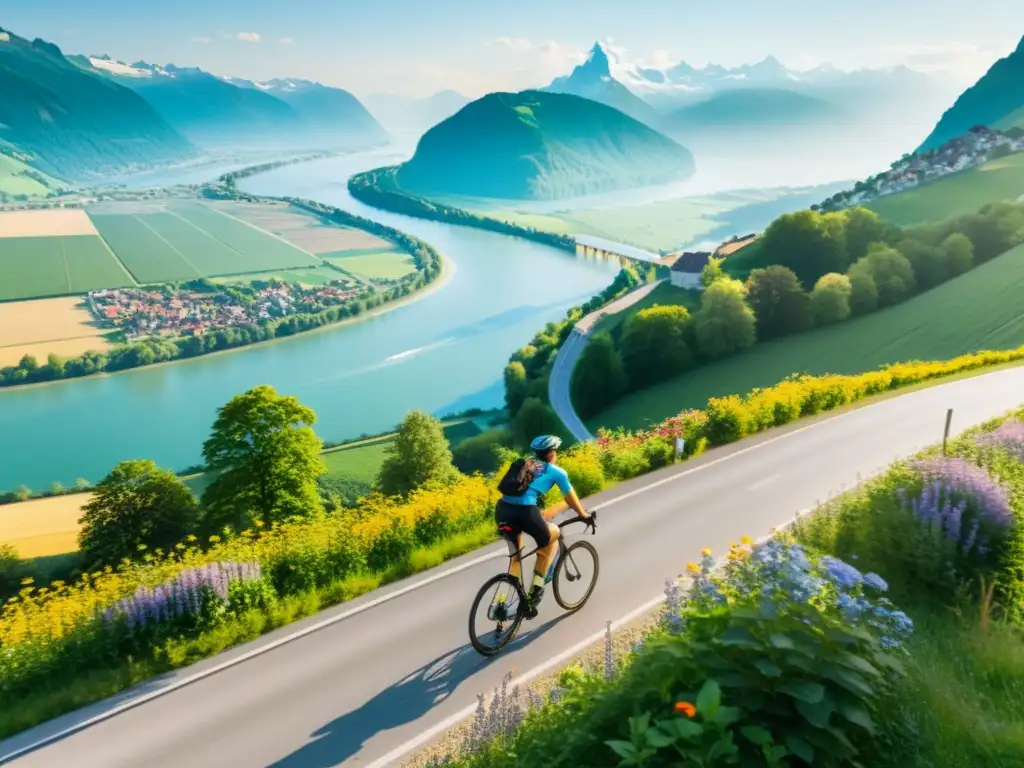 Un ciclista cruza la frontera entre Suiza y Alemania, con el majestuoso río Rin de fondo y un paisaje escénico