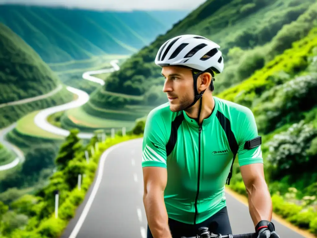 Un ciclista con gadgets innovadores para ciclistas viajeros seguros recorre una pintoresca carretera de montaña, rodeado de exuberante vegetación