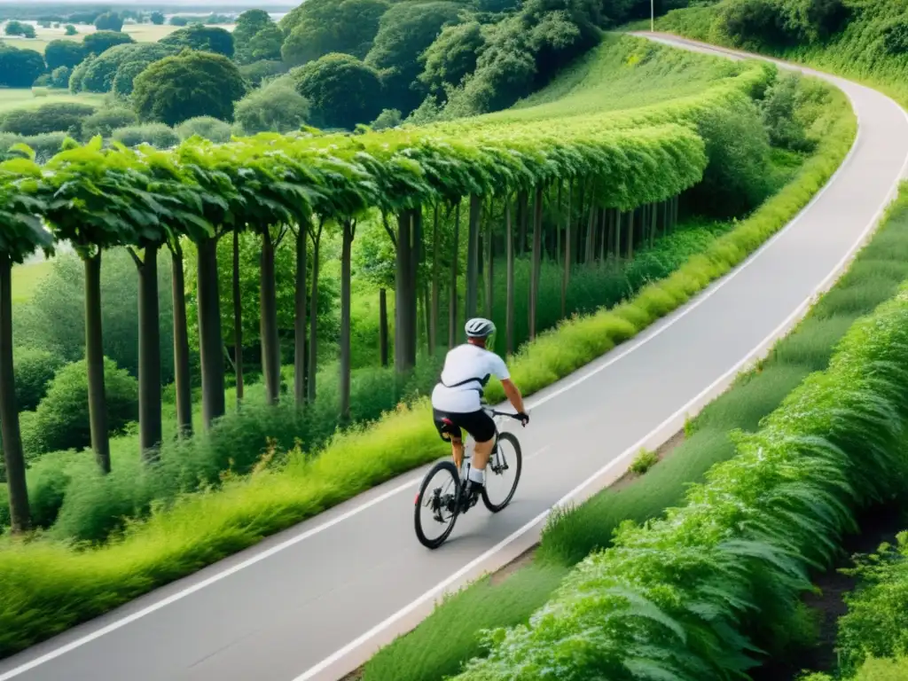 Un ciclista recorre un hermoso camino en un entorno natural, mostrando la accesibilidad y belleza de los destinos accesibles en bicicleta