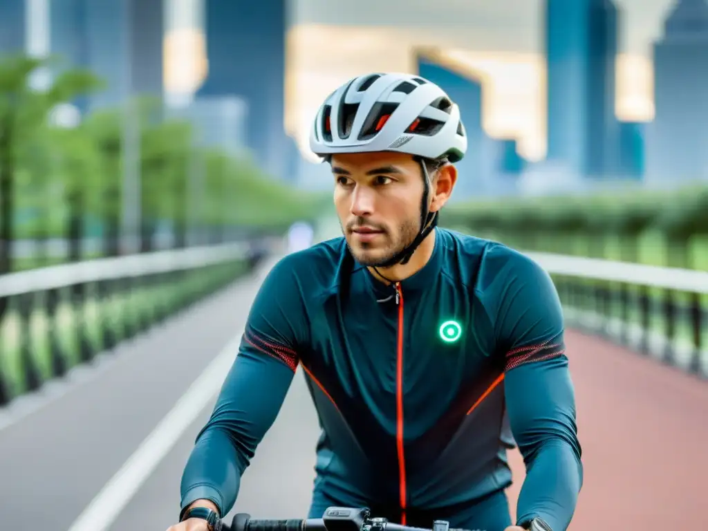 Un ciclista con innovaciones accesorios wearables integrados, recorriendo una ciudad en movimiento