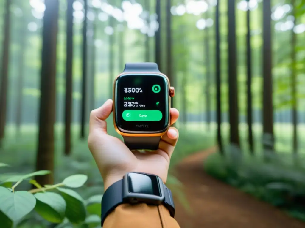 Un ciclista usando un smartwatch para monitorizar su huella de carbono mientras pedalea por el bosque