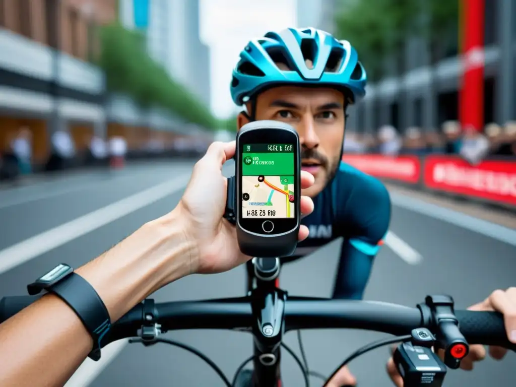 Un ciclista urbanita utiliza innovaciones accesorios wearables ciclistas para una experiencia de ciclismo futurista en la ciudad