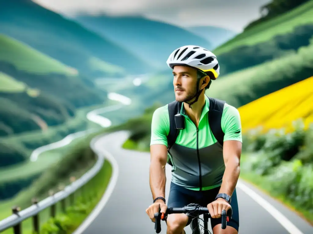 Un ciclista viajero con gadgets innovadores para ciclistas viajeros seguros pedaleando en un paisaje escénico