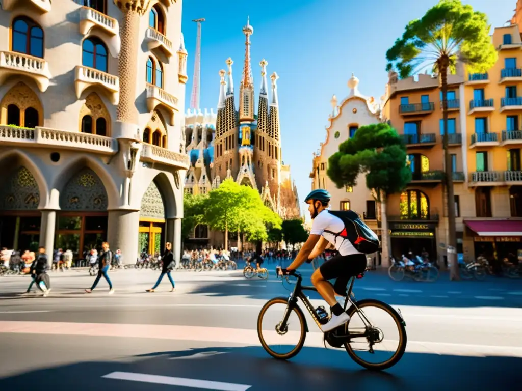 Un ciclista recorre las vibrantes calles de Barcelona, con la arquitectura icónica de Gaudí de fondo