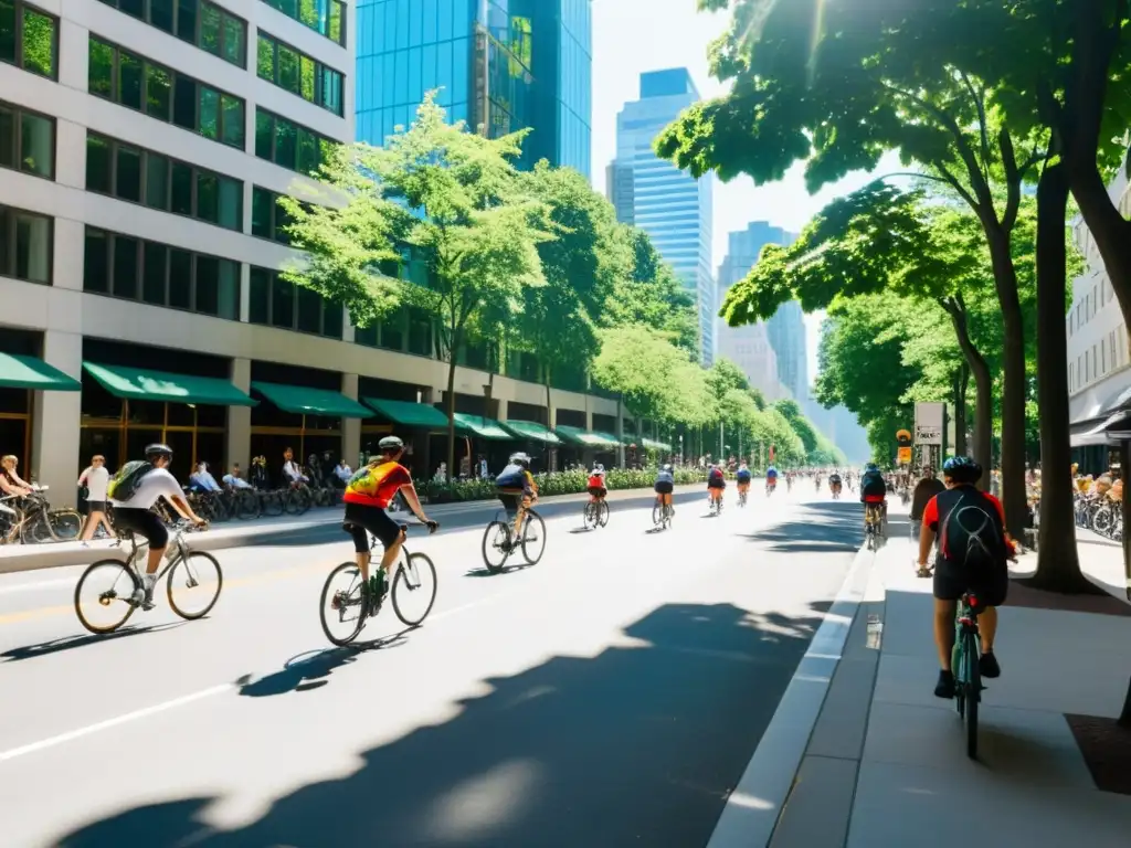 Ciclovías urbanas movilidad sostenible: Bicicletas en la ciudad, rodeadas de edificios altos y árboles verdes, reflejando vitalidad y comunidad