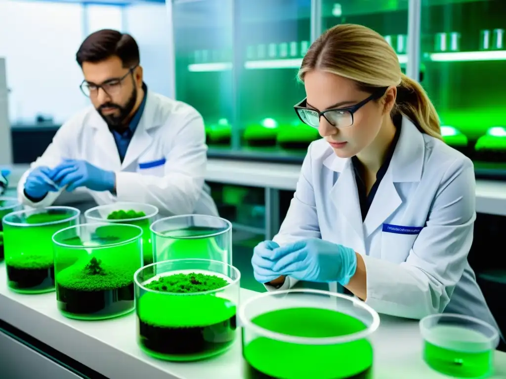 Científicos cultivando y estudiando algas verdes en un laboratorio