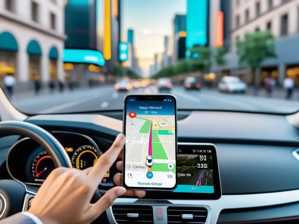 Conduciendo por la ciudad, usando una app de navegación en el smartphone