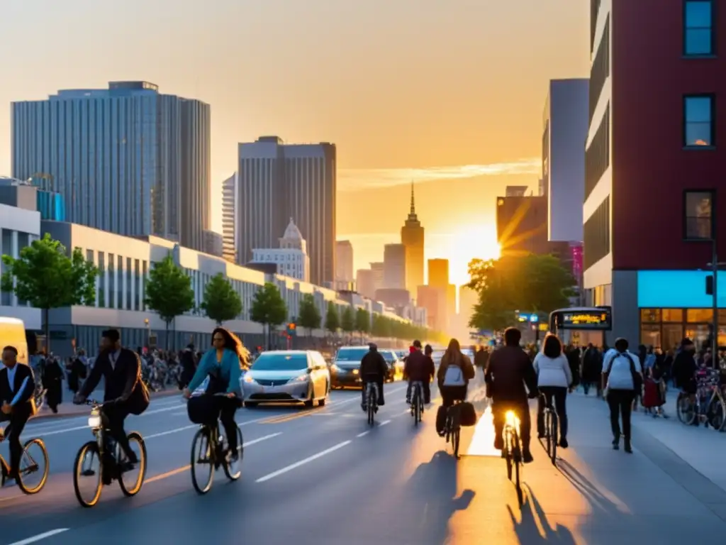 Atardecer en la Ciudad: Movimiento y Energía Urbanos Una ciudad bulliciosa al atardecer, llena de vida y movimiento