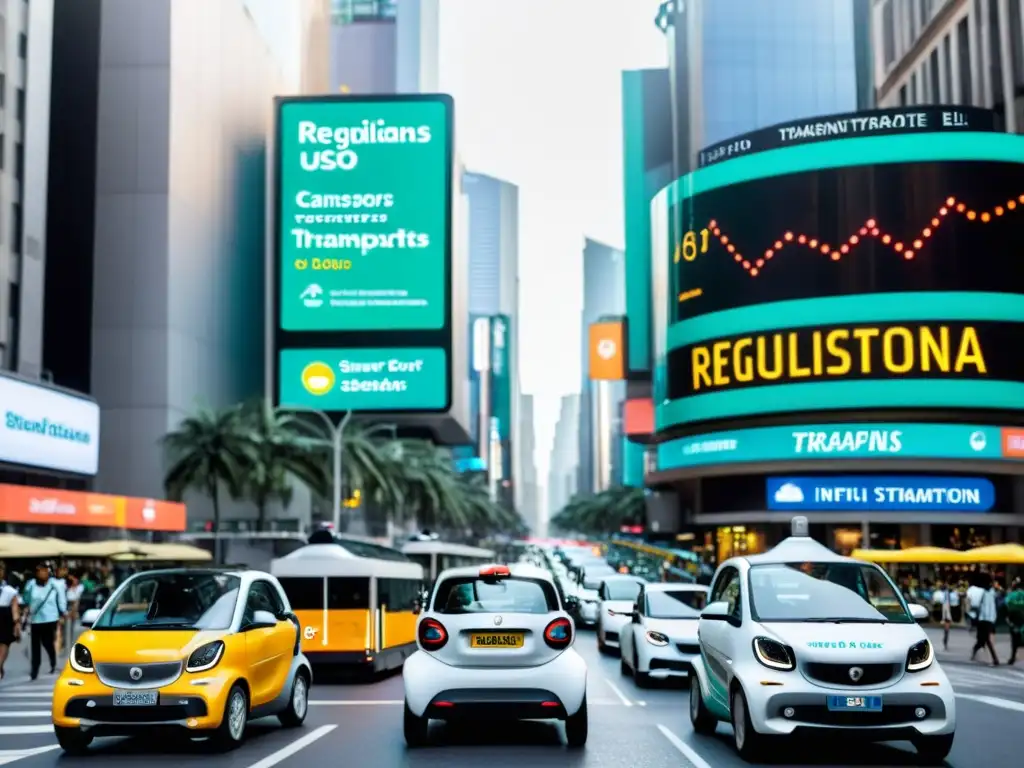 En una ciudad bulliciosa, los autos inteligentes y autobuses recopilan datos mientras los peatones caminan