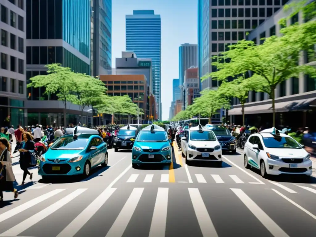 Una ciudad bulliciosa con carros compartidos vibrantes, reflejando el impacto del car sharing en transporte urbano