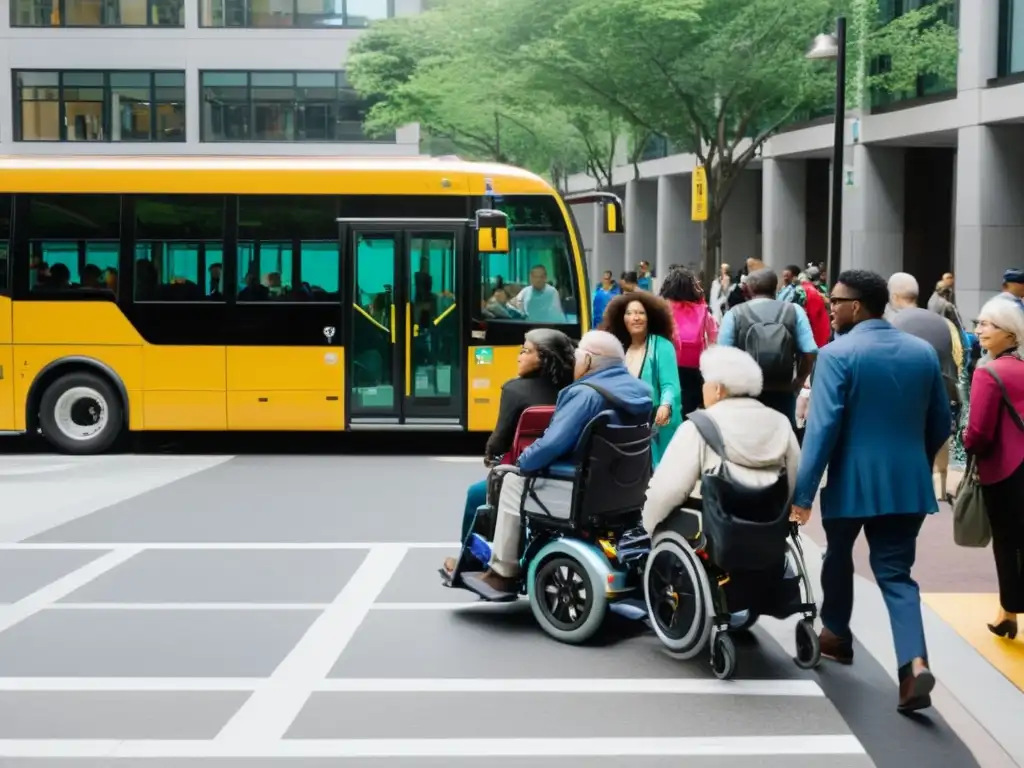 Una ciudad bulliciosa con diversidad abordando un autobús moderno y accesible para sillas de ruedas