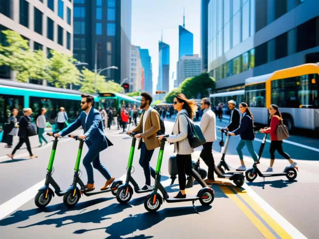 Una ciudad bulliciosa con una integración perfecta de scooters eléctricos plegables para movilidad urbana en el sistema de transporte público