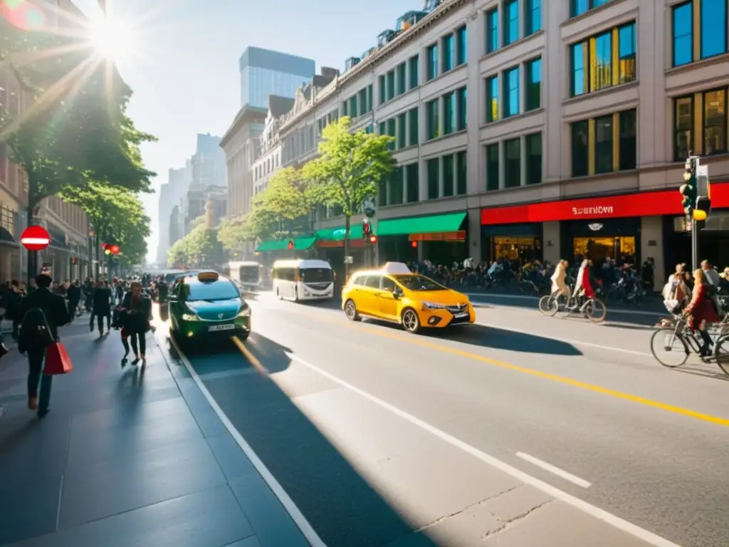 Una ciudad bulliciosa llena de movimiento y energía, con autos, autobuses, ciclistas y peatones