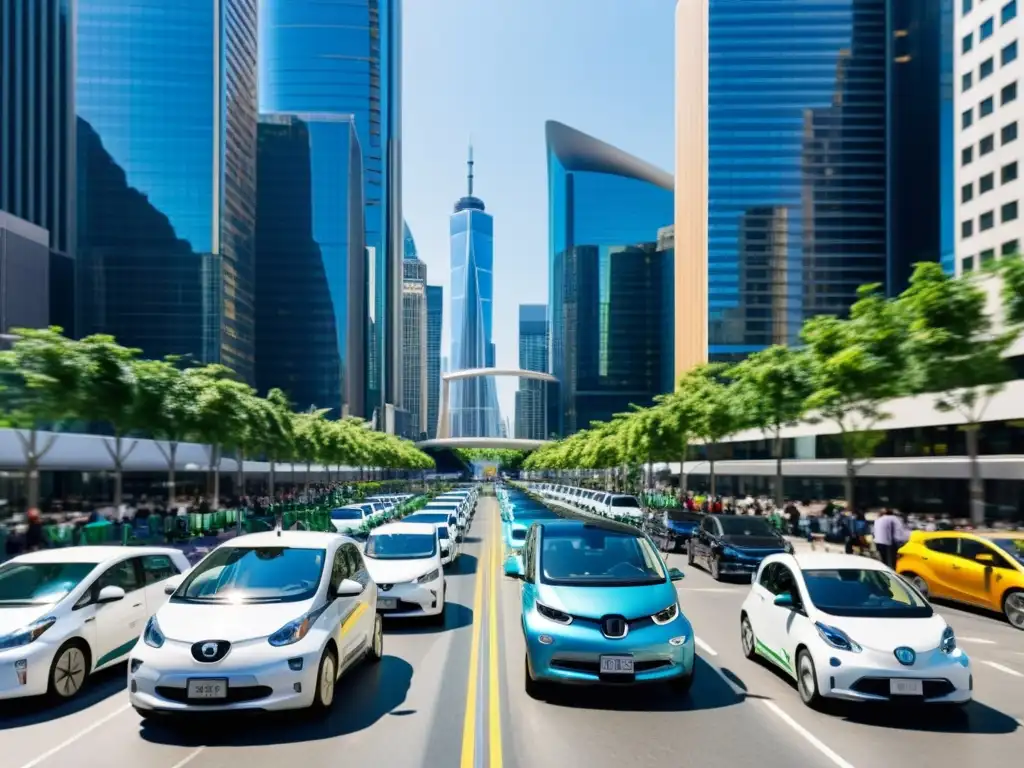 Una ciudad bulliciosa llena de vehículos car sharing, incluyendo coches eléctricos, híbridos y de combustible