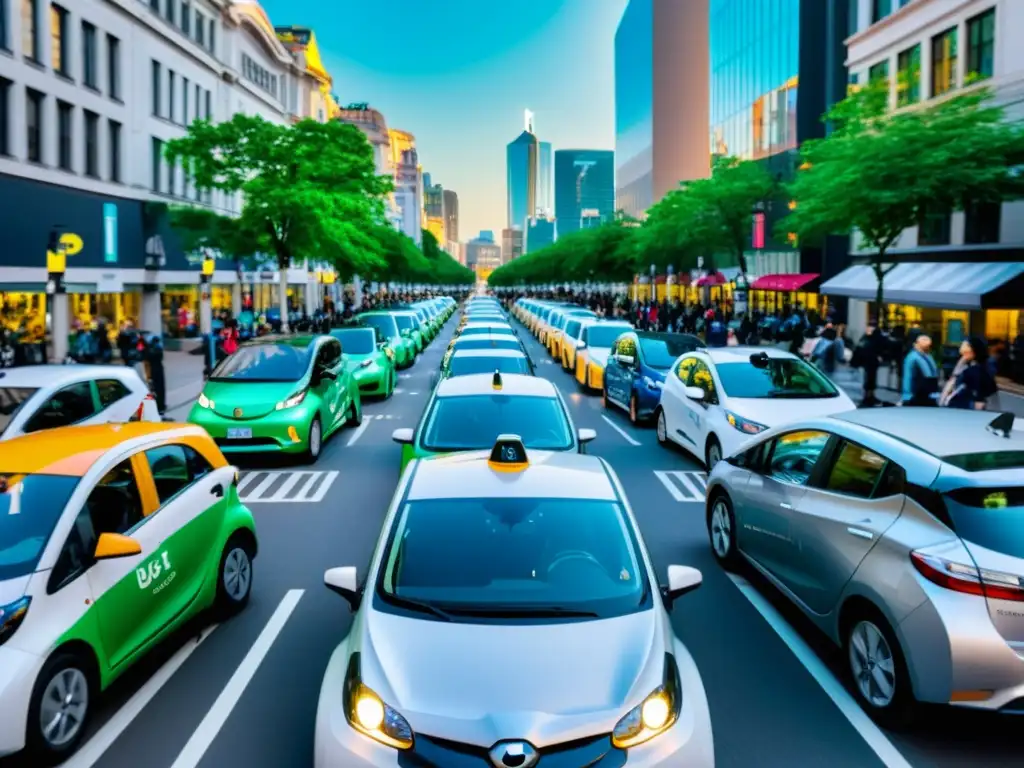 Una ciudad bulliciosa llena de vehículos de carsharing, incluyendo coches eléctricos, híbridos y tradicionales