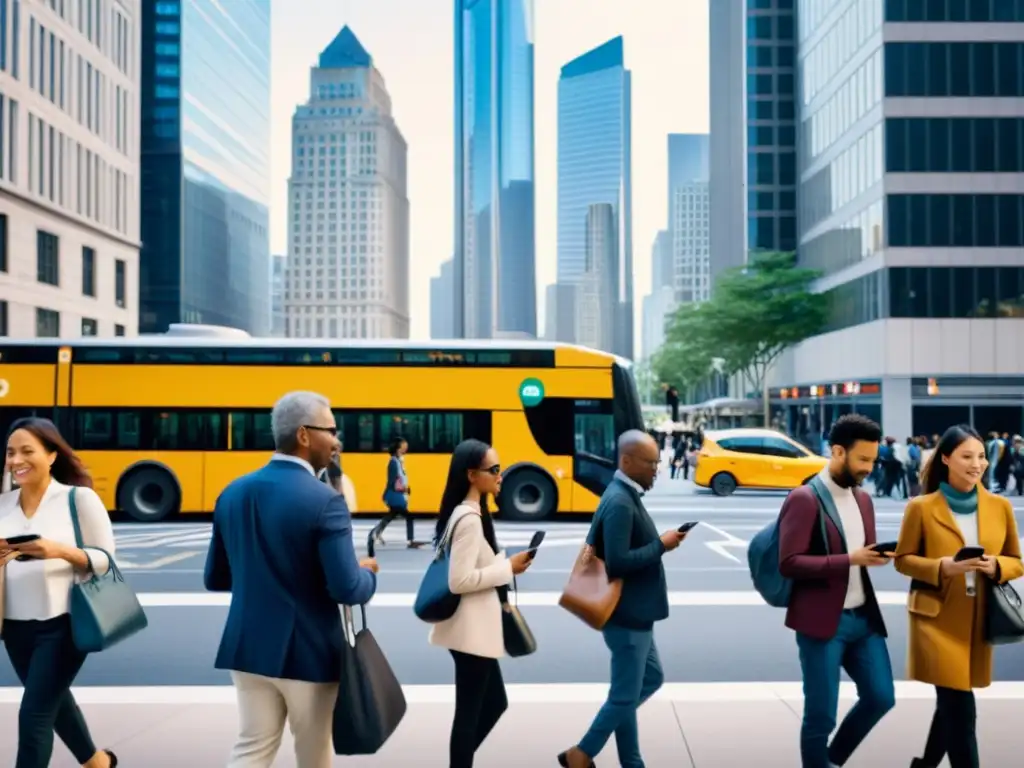 Una ciudad bulliciosa con personas usando una app de transporte en sus smartphones