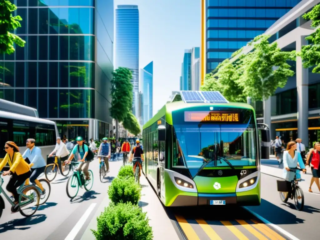 Una ciudad bulliciosa con transporte sostenible y planificación urbana integrada, abrazando un futuro más verde