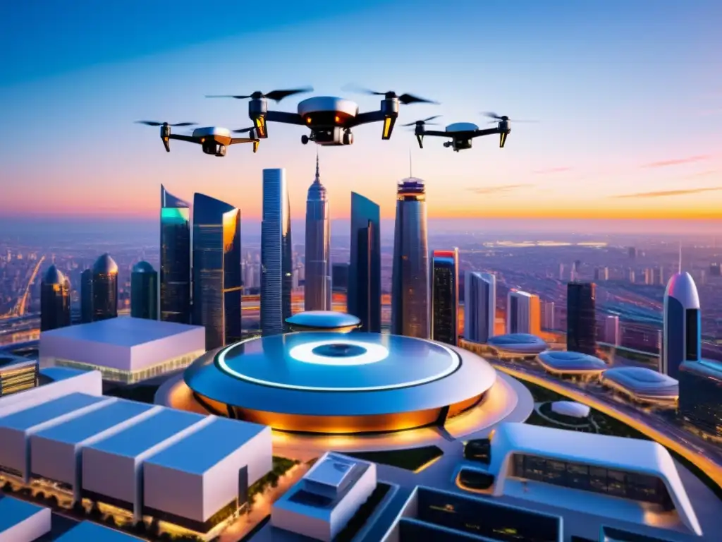 Una ciudad futurista con drones de todas formas y tamaños surcando el cielo al atardecer, ilustrando la revolución del transporte aéreo no tripulado