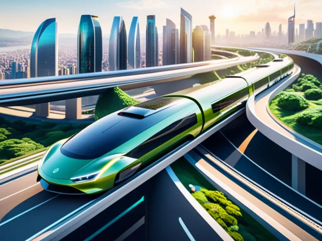 Una ciudad futurista con transporte innovador y eficiente: coches eléctricos, trenes de alta velocidad y drones autónomos