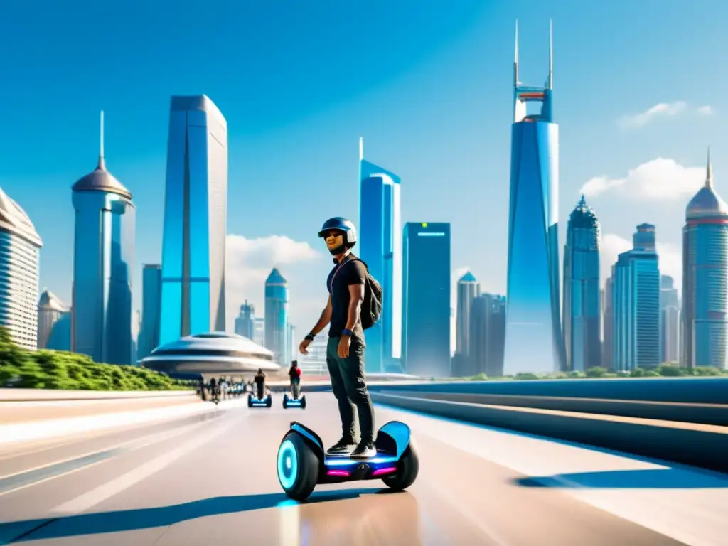 La ciudad del futuro con personas usando hoverboards entre vehículos, simboliza la integración innovadora del hoverboard en la vida urbana