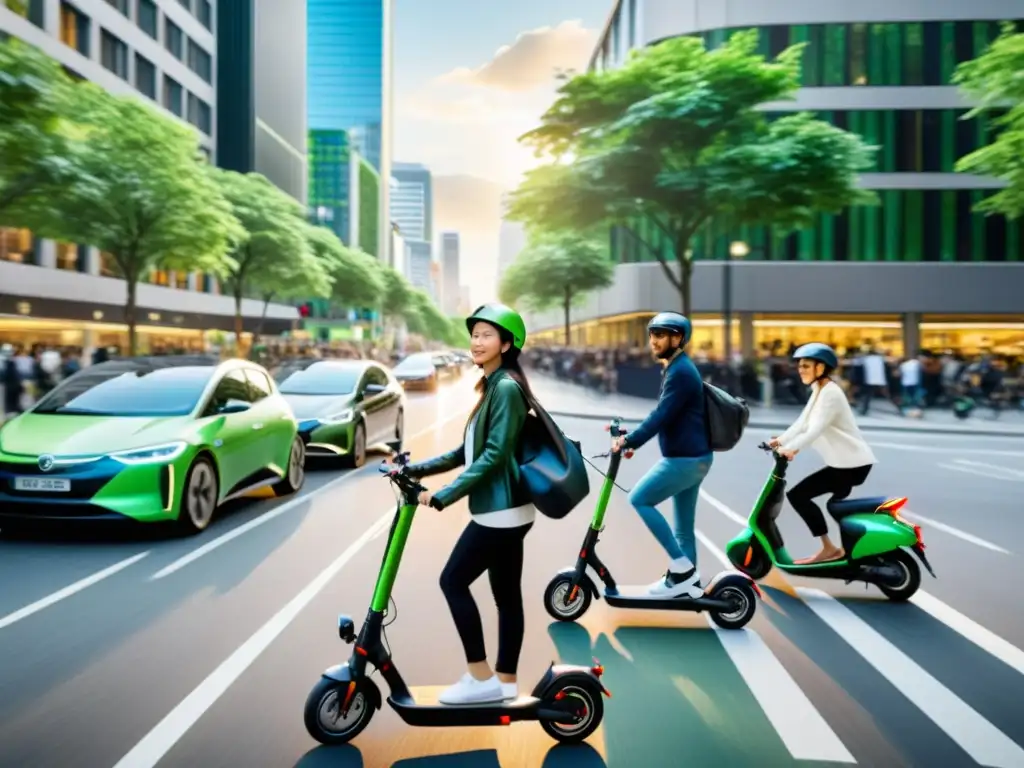 Una ciudad llena de energía, con scooters eléctricos y personas diversas, reflejando los beneficios del scooter eléctrico en ciudades modernas