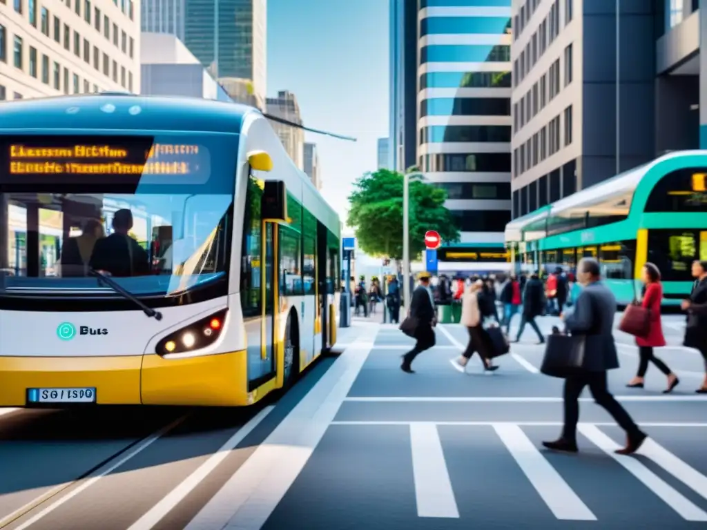 Una ciudad moderna con buses y trenes eléctricos en movimiento, mostrando la transición a buses y trenes eléctricos en el transporte público urbano