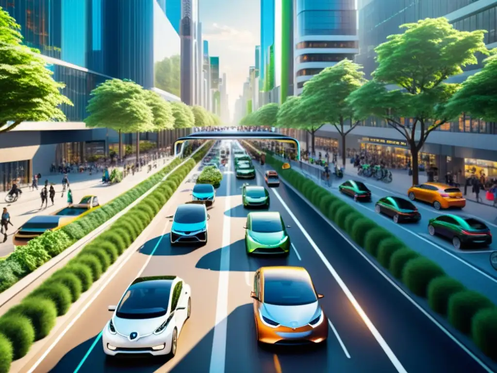 Escena urbana sostenible: vehículos eléctricos y ambiente moderno Una ciudad moderna y vibrante llena de avances vehículos eléctricos reducción CO2, con personas caminando y pedaleando de manera sostenible