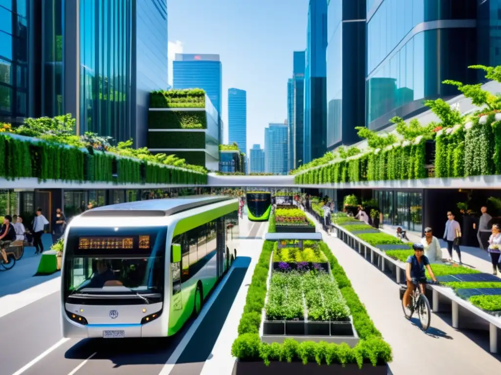 Una ciudad sostenible llena de tecnologías verdes: autobuses eléctricos, bicicletas, paneles solares, vegetación y edificios modernos