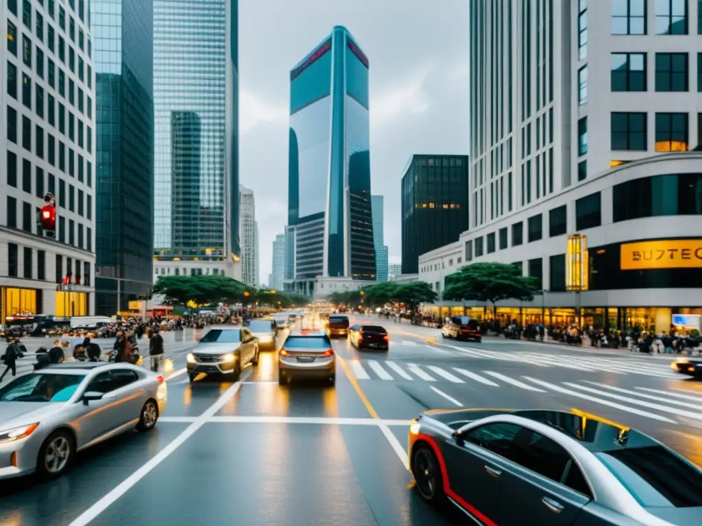 Intersección de ciudad con tráfico intenso y peatones cruzando