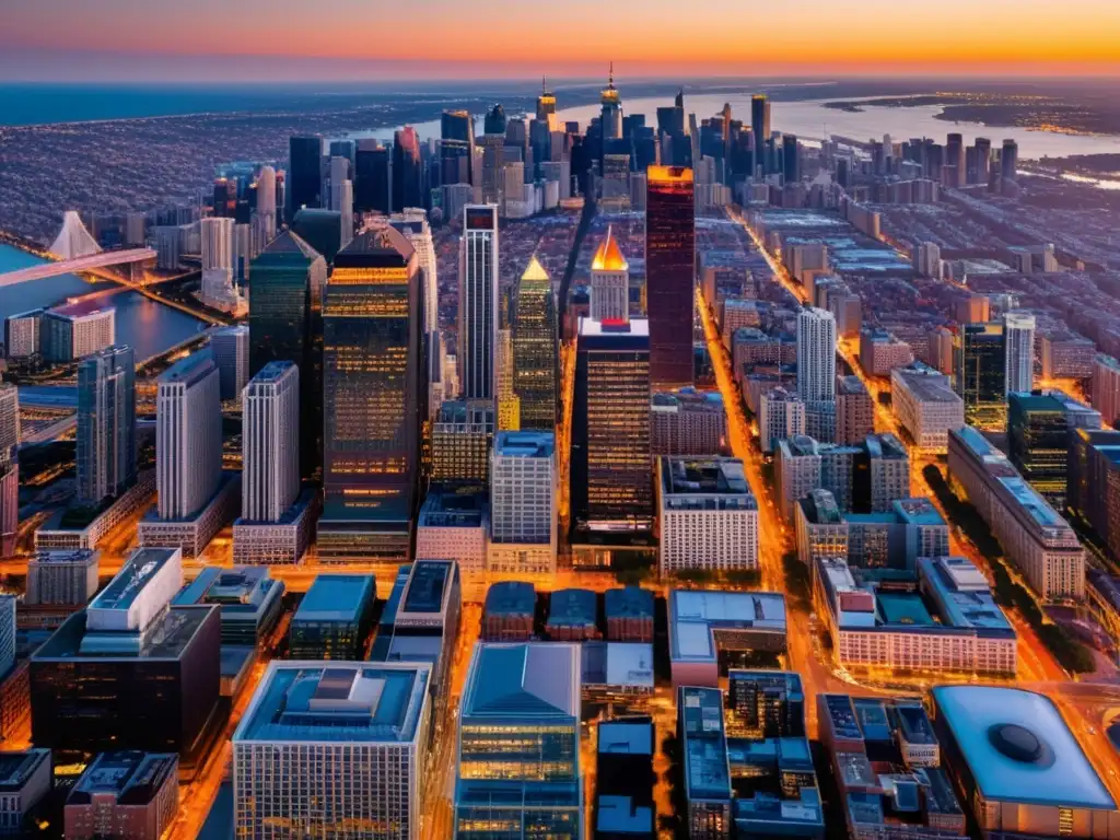 Una ciudad vibrante iluminada por el cálido resplandor del atardecer